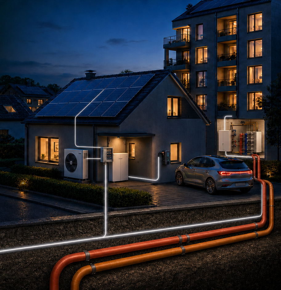 Vernetztes Energiesystem mit Photovoltaik, Wärmepumpe, Speicher, Elektromobilität, Stromleitungen und Fernwärme